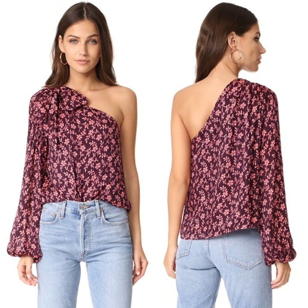 Ulla Johnson Enid One Shoulder Pink Burgundy Floral Silk Blouse
